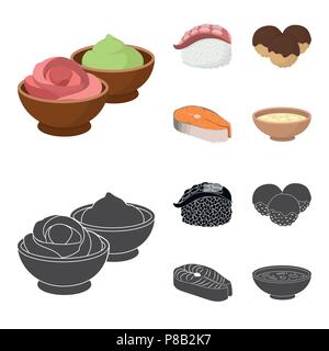 Wasabi sauce and ginger, salmon steak, octopus. Sushi set collection icons in cartoon,black style vector symbol stock illustration . Stock Vector