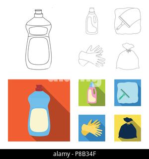 Gel for washing in a pink bottle, yellow gloves for cleaning, a brush for glass, a black bag for garbage or waste. Cleaning set collection icons in ou Stock Vector