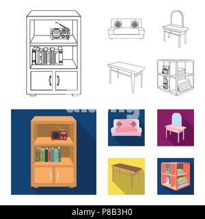 Soft sofa, toilet make-up table, dining table, shelving for laundry and detergent. Furniture and interior set collection icons in outline,flat style i Stock Vector
