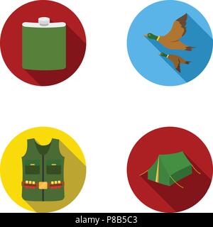 Flask, gilet with cartridges, flying ducks, tent.Hunting set collection icons in flat style vector symbol stock illustration . Stock Vector