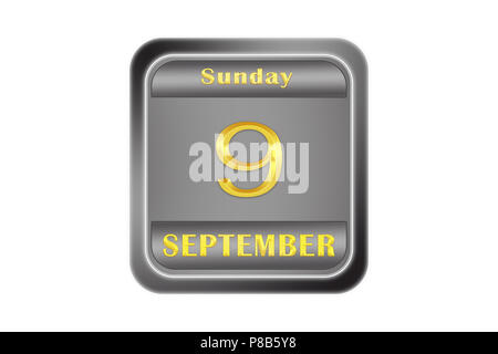 On a embossed metal plate, the gold date stamping is September 9, Sunday Stock Photo