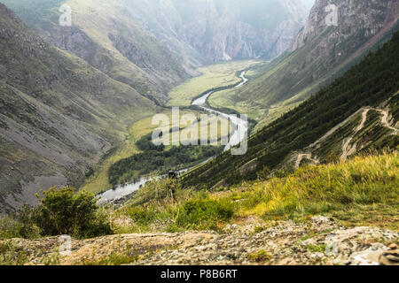 scenic landscape with mountain valley and river, Altai, Russia Stock Photo