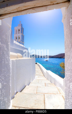 The famous old church of Agia Irini, at the entrance of Yalos , the port of Ios island, Cyclades, Greece. Stock Photo