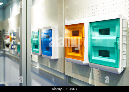 Plastic boxes for electrical installation in the store Stock Photo