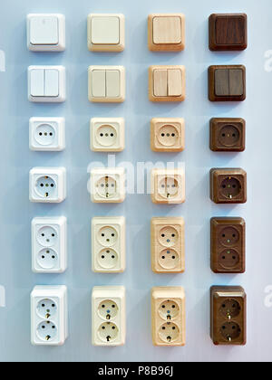 Wall mounted electrical outlets for indoor installation Stock Photo