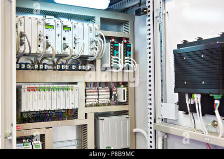 Opened communication box for electronic components Stock Photo