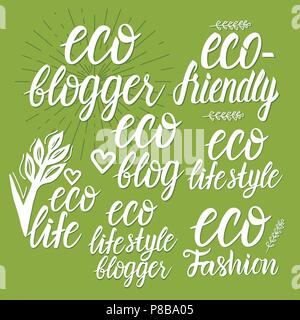 Vector Set Eco blogger, eco friendly, eco blog, eco life style inscription lettering on a green background with rays Stock Vector
