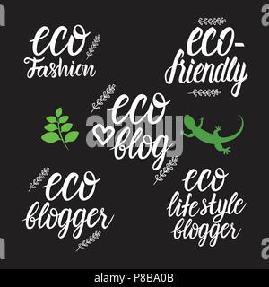 Vector Set Eco fashion, blogger, eco friendly, eco life style blog inscription lettering on a black background with rays Stock Vector