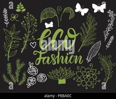 Set Vector Eco Fashion inscription with green botanical flower isolated on black background. Stock Vector