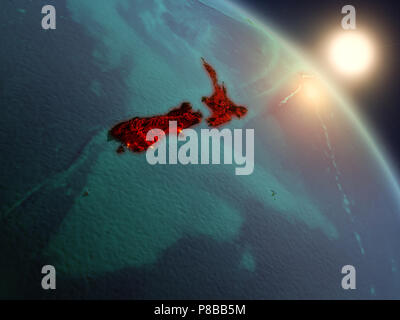 Sunset above New Zealand from space on planet Earth with visible country borders. 3D illustration. Elements of this image furnished by NASA. Stock Photo