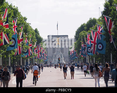 View of Union Jack and RAF flags hanging along The Mall during RAF100 celebrations in London Stock Photo