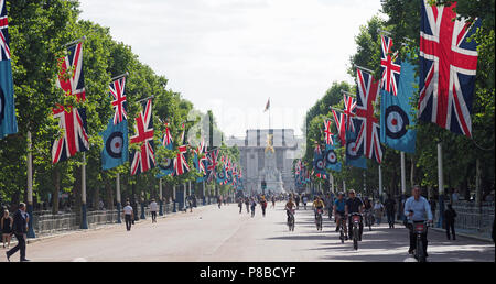 View of union jack and RAF flags hanging down The Mall during RAF100 celebrations in London Stock Photo