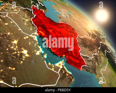 Sunset above Iran from space on planet Earth with visible country borders. 3D illustration. Elements of this image furnished by NASA. Stock Photo