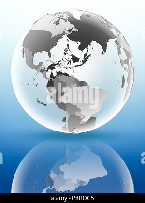 Caribbean with flag on globe reflecting on shiny surface. 3D illustration. Stock Photo