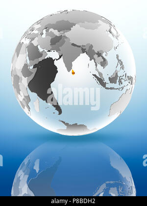Sri Lanka with flag on globe reflecting on shiny surface. 3D illustration. Stock Photo