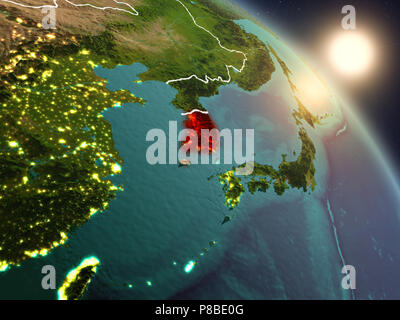 Sunrise above South Korea highlighted in red on model of planet Earth ...