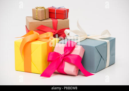 close-up view of various colorful gift boxes isolated on white Stock Photo
