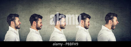Side view of a man with different expressions and emotions from happiness to anger and stress on gray background Stock Photo