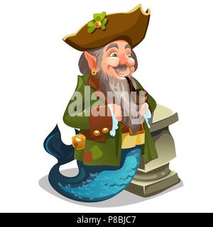 Sailor mermaid man leprechaun smokes a tobacco isolated on white background. Vector cartoon close-up illustration. Stock Vector