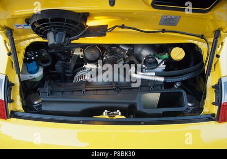 Porsche 911 GT3 RS - 996 model in yellow 2005 - showing rear engine bay Stock Photo