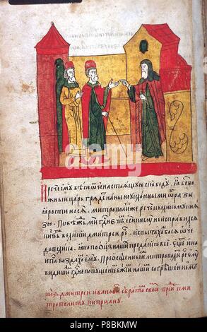 Grand Duke Dimitri Donskoy and his brother visiting Cyprian, Metropolitan of Moscow (from the Tale of the Rout of Mamai). Museum: State History Museum, Moscow. Stock Photo