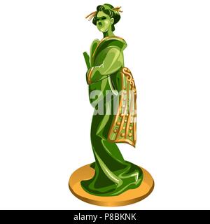 Geisha figurine made of jade isolated on white background. Statuette of nephrite in the Oriental style. Vector cartoon close-up illustration. Stock Vector