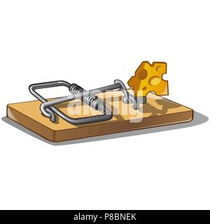Free cheese in a mousetrap isolated on white background. Vector cartoon close-up illustration. Stock Vector