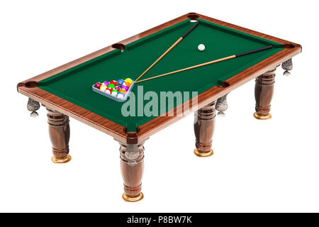 Billiard table with balls and cue, 3D rendering isolated on white background Stock Photo