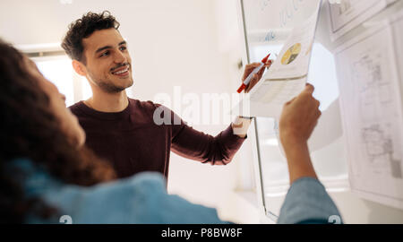 Business colleagues discussing business ideas and plans on a whiteboard. Smiling businessman writing on the board while his female colleague is holdin Stock Photo