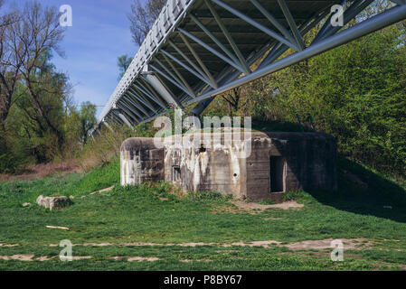 Remains of so called Iron Curtain under Freedom Cycling Bridge spanning River Morava between Slovakia and Austria in Devinska Nova Ves, Bratislava Stock Photo