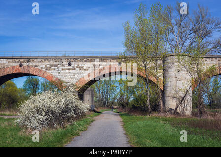 Path under the railway bridge over Morava river between Slovakia and Austria near Devinska Nova Ves, Bratislava Stock Photo