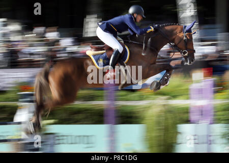 Berlin, dynamics, jumping horse and rider over an oxer. Calcourt Falklund under Anna Kellnerova (CZE) Stock Photo