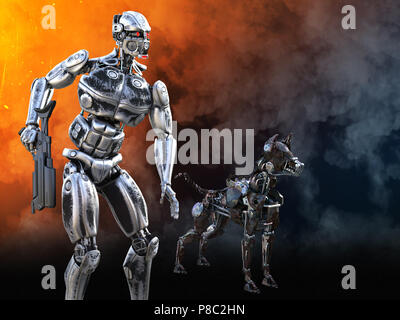 3D rendering of a futuristic mech soldier holding a rifle with a dog beside him in a futuristic dystopian world. Smoke and fire in the background. Stock Photo