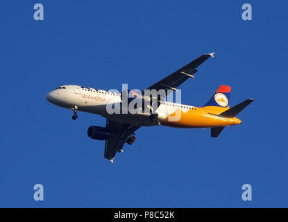 VNUKOVO, MOSCOW REGION, RUSSIA - October 10, 2010: Airbus A320-214 Armavia airline landing in Vnukovo International Airport. Stock Photo