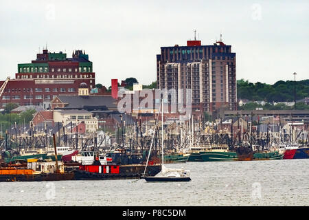 Foggy Morning Fishing Fleet Whaling Museum Sailboat New Bedford Harbor Buzards Bay Massachusetts United States. New Bedford is known as the Scallop Ca Stock Photo