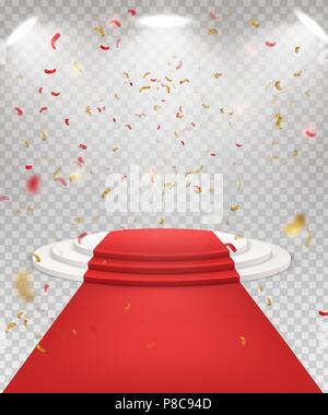 Abstract festive background with 3d three-step podium and red ca Stock Vector