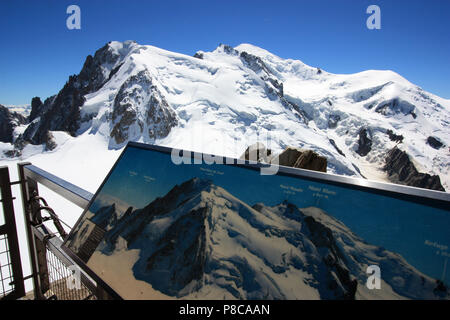 A pictorial information board at the observation platform on top of Aiguille-du-Midi showing the Mont Blanc as it rises in the background Stock Photo
