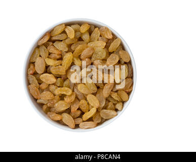 Heap of Yellow Raisins in Round Bowl Isolated on White Background. Golden Dried Seedless Grapes Top View Stock Photo