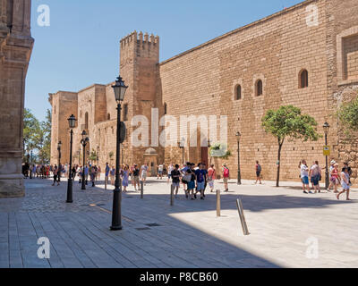 The walls of the Royal Palace of La Almudaina near  the Cathedral of Palma de Mallorca. Stock Photo