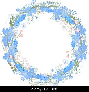 Round frame with pretty flowers muscari and text Happy Easter. Festive floral circle for your season design. Stock Vector