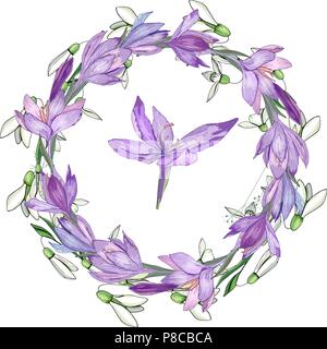 Floral spring elements with cute bunches of crocus and herbs. Endless horizontal  pattern brush. For romantic and easter design, announcements, greeti Stock Vector