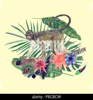 Watercolor hand drawn illustration with monkey, feathers, flowers. Stock Photo