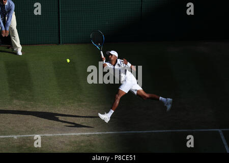 London, UK. 10th July 2018, All England Lawn Tennis and Croquet Club, London, England; The Wimbledon Tennis Championships, Day 8; Michael Venus returns to Murray and Soares Credit: Action Plus Sports Images/Alamy Live News