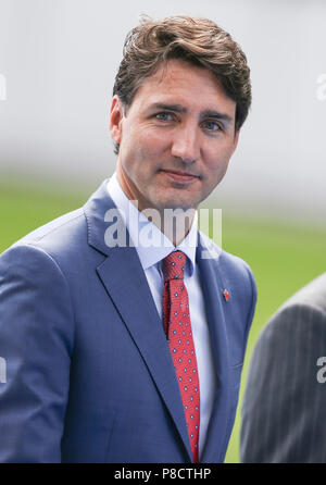 Brussels, Belgium. 11th July, 2018. Canadian Prime Minister Justin Trudeau arrives at a NATO summit in Brussels, Belgium, July 11, 2018. NATO leaders gather in Brussels for a two-day meeting. Credit: Ye Pingfan/Xinhua/Alamy Live News Stock Photo