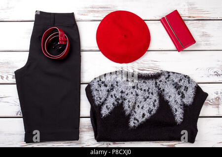 Winter womens clothing and accessories flat lay. Stock Photo