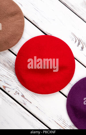 Red womens berete hat. Stock Photo