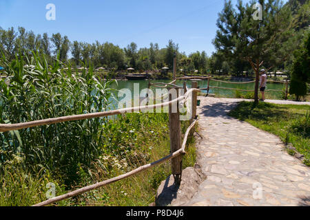 A road lined with a large stone with wooden rails, leading to a green transparent mountain lake . For your design Stock Photo
