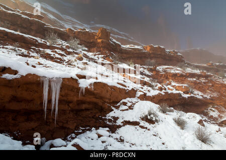 Winter weather clearing from the Park Avenue Trail, leaving behind snow, fog, and icicles. Arches National Park, Utah Stock Photo