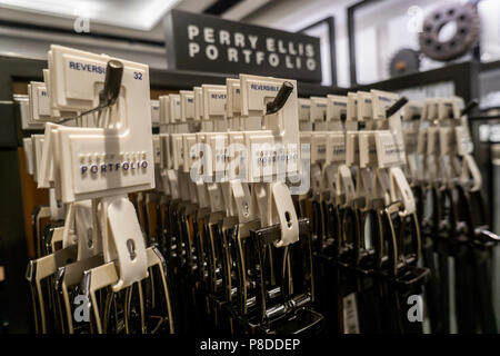 Perry Ellis brand accessories in the Macy's Herald Square men's department on Tuesday, July 3, 2018. The special board committee of Perry Ellis International has recommended that shareholders vote for George Feldenkreis' bid, the founder of the line, instead of the bid from Randa Accessories. (© Richard B. Levine) Stock Photo