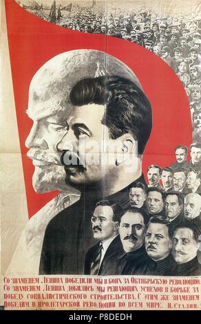 With the banner of Lenin we won the fight (Poster). Museum: State Russian Museum, St. Petersburg. Stock Photo